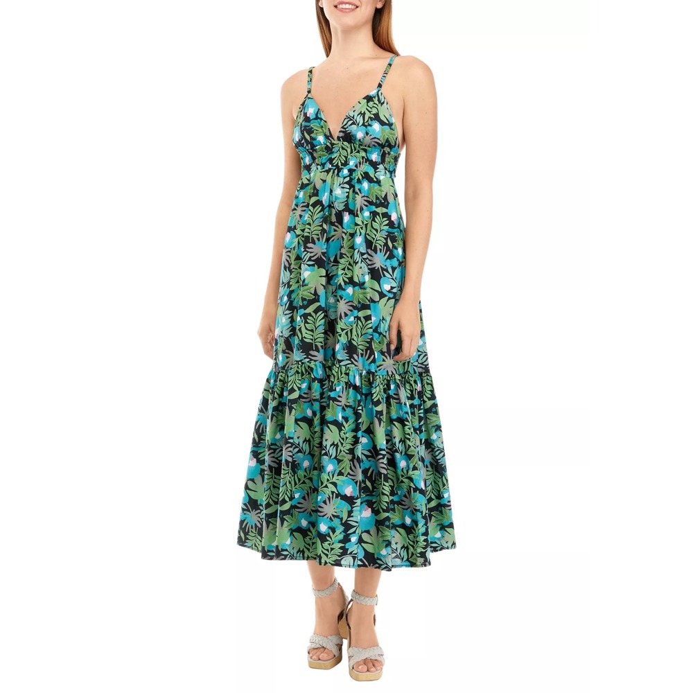 Moon River Tropical Floral Cutout Maxi Dress Blue Green Smocked Tiered Medium